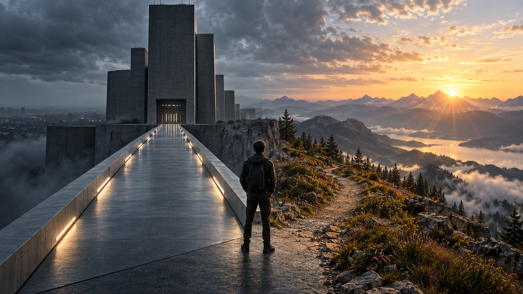 A traveler choosing between a smooth path to a bleak concrete tower and a rugged trail toward a mountain sunrise