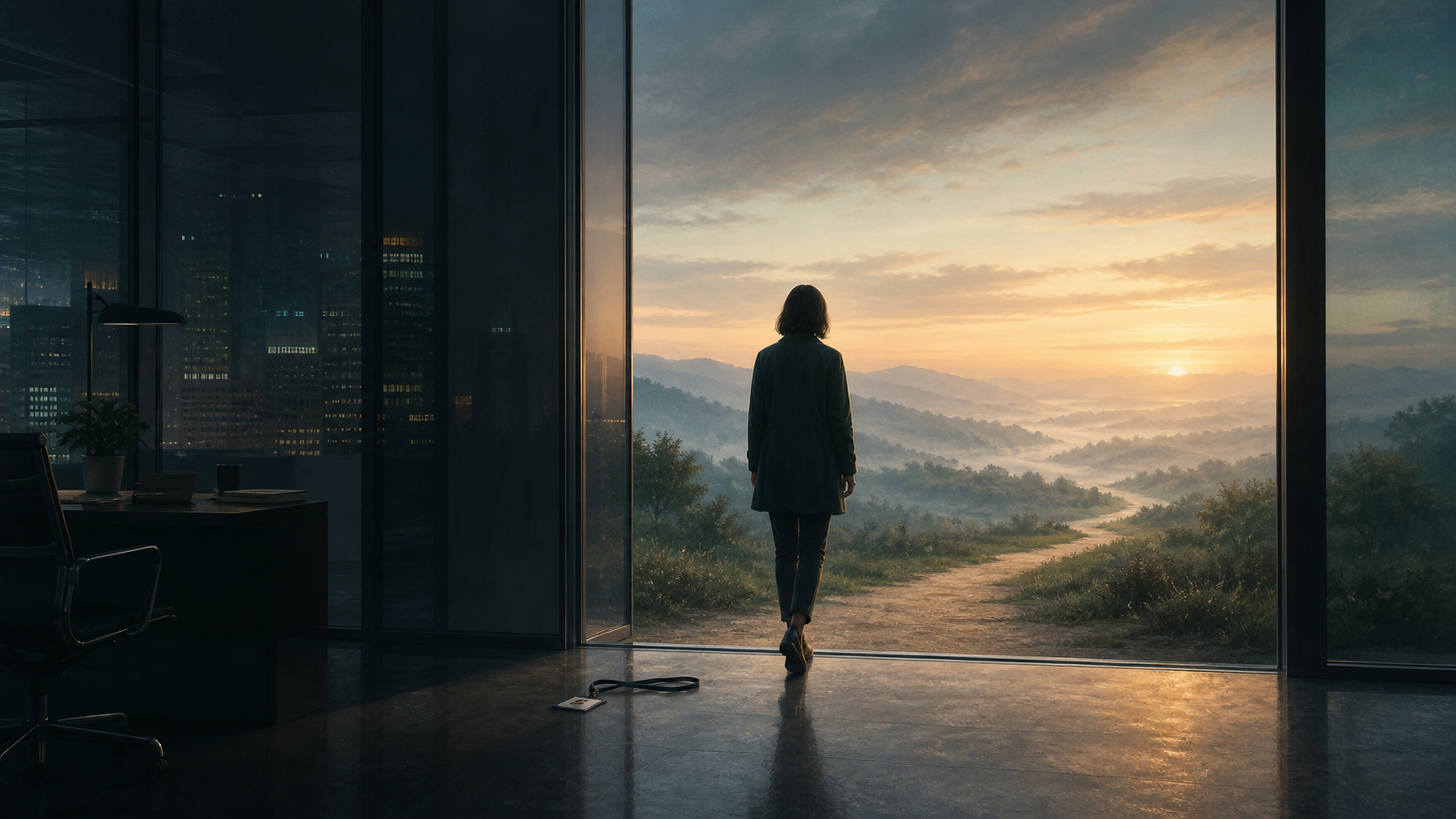 A lone figure leaves a dark glass office and steps toward a sunlit mountain path at dawn.