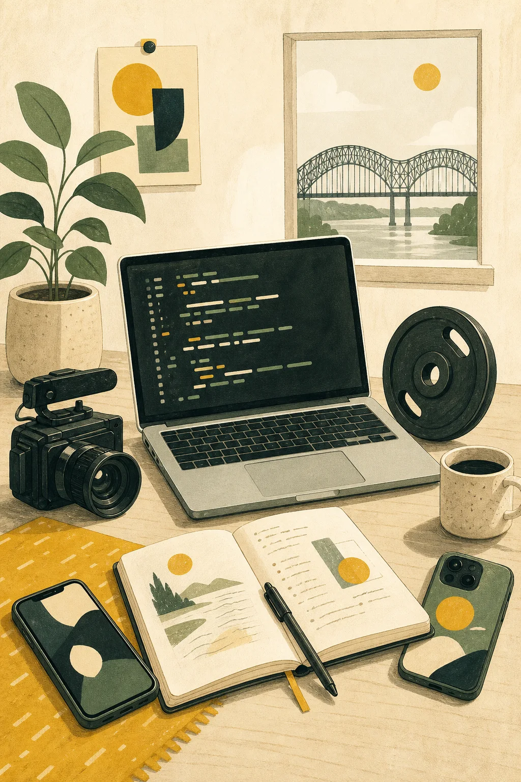 An illustrated desk with a laptop, camera, notebook, phones, weight plate, and the Memphis bridge